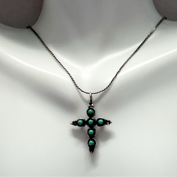 Vintage Reversible Turquoise Coral Snake Eye Cross Sterling Silver Necklace - Picture 3 of 10